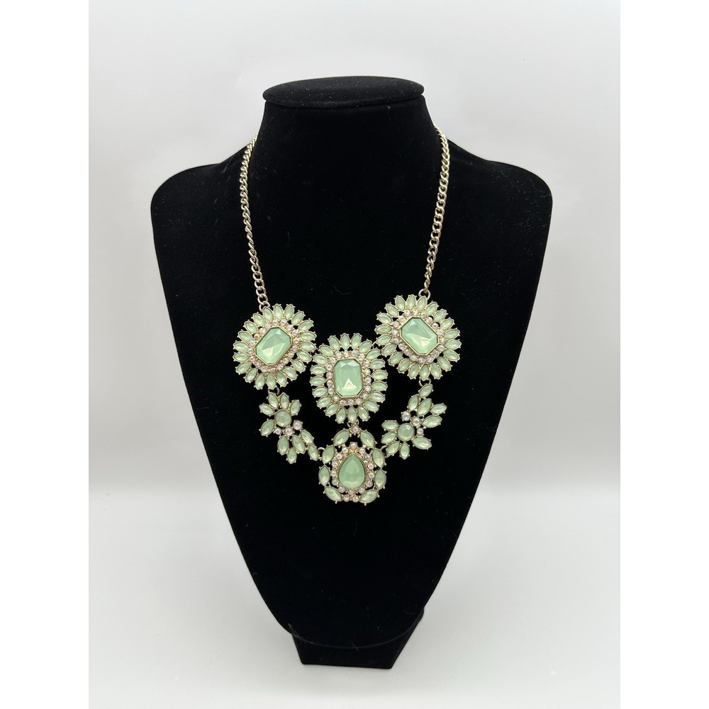 Statement Necklace Mint Seafoam Green Crystal Cluster Bling Gold Tone 18" to 20"